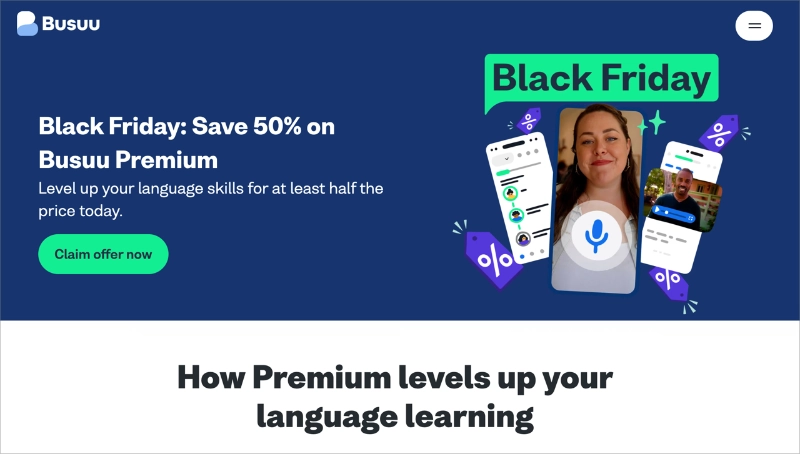 Exemplo da página de destino da Busuu para a Black Friday