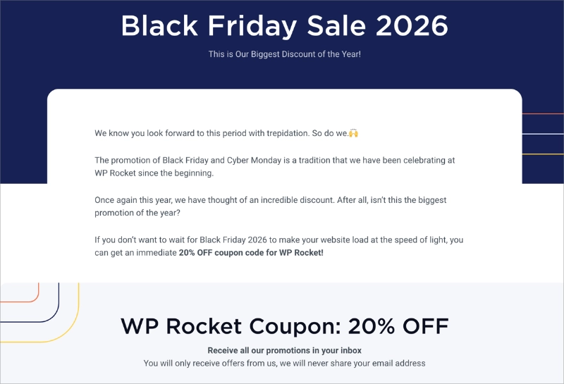 Exemplo de página de destino da WPRocket para a Black Friday