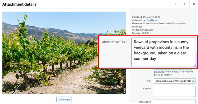 alt-text-example - SeedProd Example of adding descriptive alt text to an image in WordPress