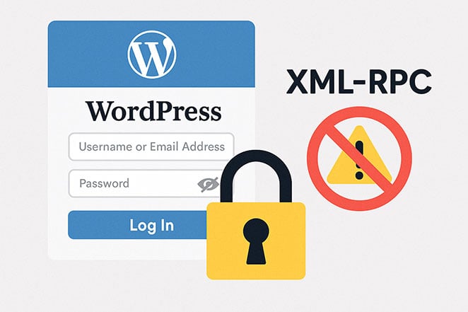 protected WordPress login screen and XML-RPC - SeedProd Illustration showing a protected WordPress login screen and XML-RPC feature blocked to prevent attacks.