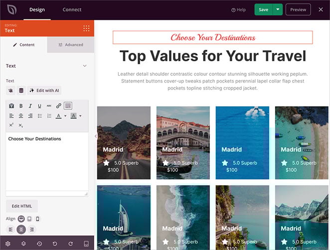 travel-website-destinations - SeedProd Travel website layout with featured destinations section