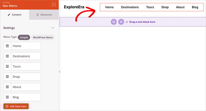 travel-website-navigation-menu - SeedProd Travel site navigation menu with Home, About, Destinations, and Contact