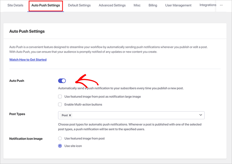 auto-push-settings - SeedProd Auto push settings screen in PushEngage