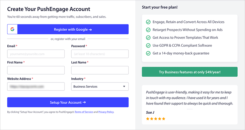 create-pushengage-account - SeedProd Form to create a PushEngage account