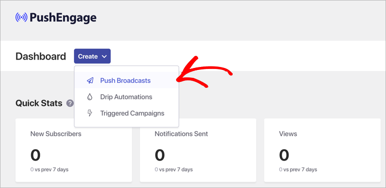 new-push-broadcast - SeedProd PushEngage dashboard with option to create a new broadcast