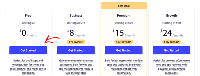 pushengage-free-plan - SeedProd PushEngage pricing plan options with free plan highlighted