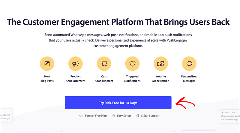 try-pushengage - SeedProd PushEngage signup page with 'Try Free' button