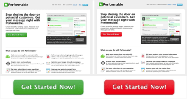 HubSpot-Red-vs-Green2 - SeedProd Side-by-side comparison of red and green CTA buttons in a HubSpot test, highlighting the red button’s stronger visibility.