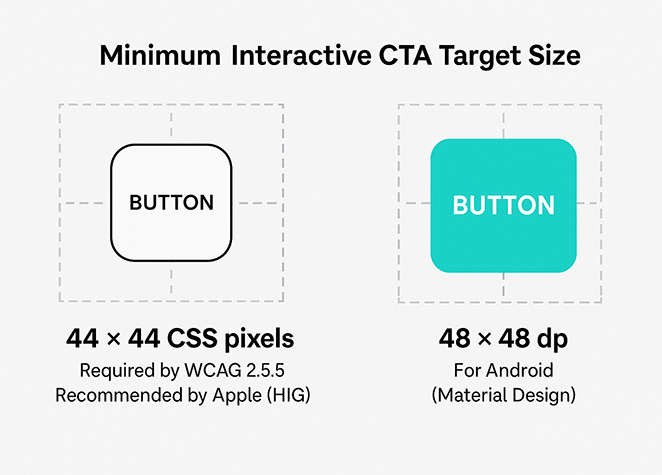interactive-cta-target-size - SeedProd Visual guide to mobile tap target sizes, comparing Apple and Android recommended dimensions for buttons.