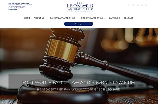 law-firm-website-homepage - SeedProd Homepage of Bob Leonard Law Group showing large hero image with tagline and professional branding