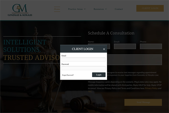 law-firm-website-with-client-login - SeedProd Law firm website homepage with secure client portal login option