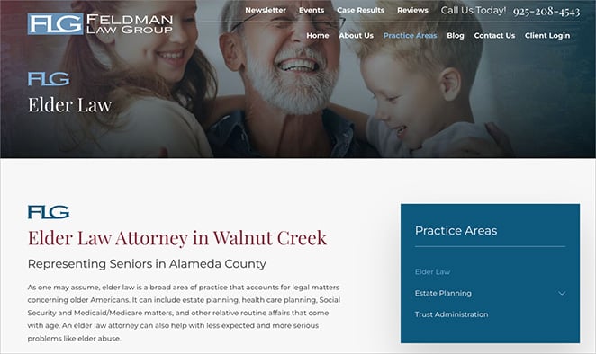service-page-law-firm-website - SeedProd Example of a law firm service page with clear headline, tailored copy, and contact options
