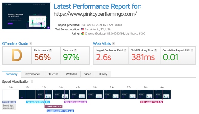 GTmetrix report showing Wix site performance grade D with 8.4 second load time