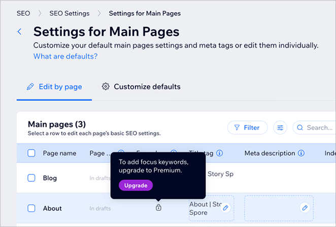 Wix SEO settings screen showing advanced features locked behind a paid plan