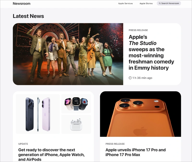 apple-press-page - SeedProd Apple Newsroom showing Latest News grid and category filters