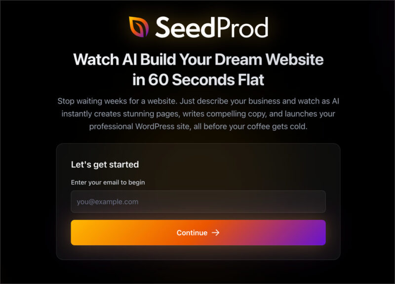 Screenshot - SeedProd SeedProd AI dashboard showing the AI website builder inside WordPress