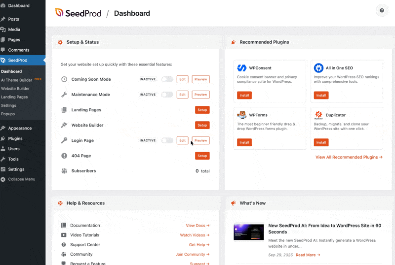 CleanShot2025-10-07at134120-ezgifcom-optimize - SeedProd Animated preview showing the new SeedProd dashboard workflow and transitions between panels.