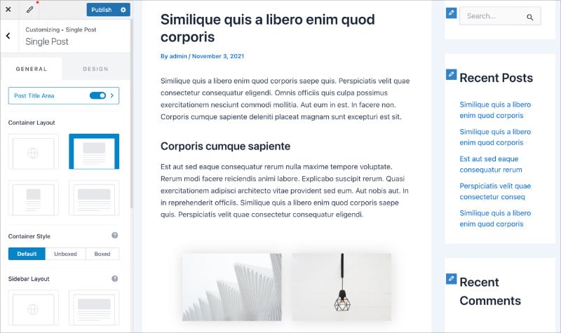 Astra WordPress Customizer interface showing live editing for colors and typography.”