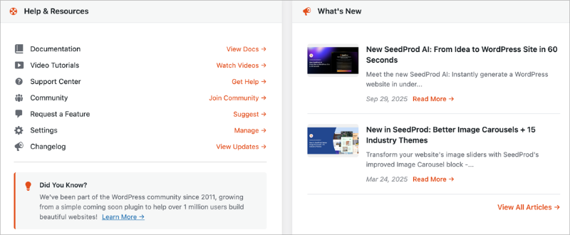 help-whats-new-panels-seedprod - SeedProd SeedProd dashboard panels for Recommended Plugins, Help and Resources, and What’s New updates.