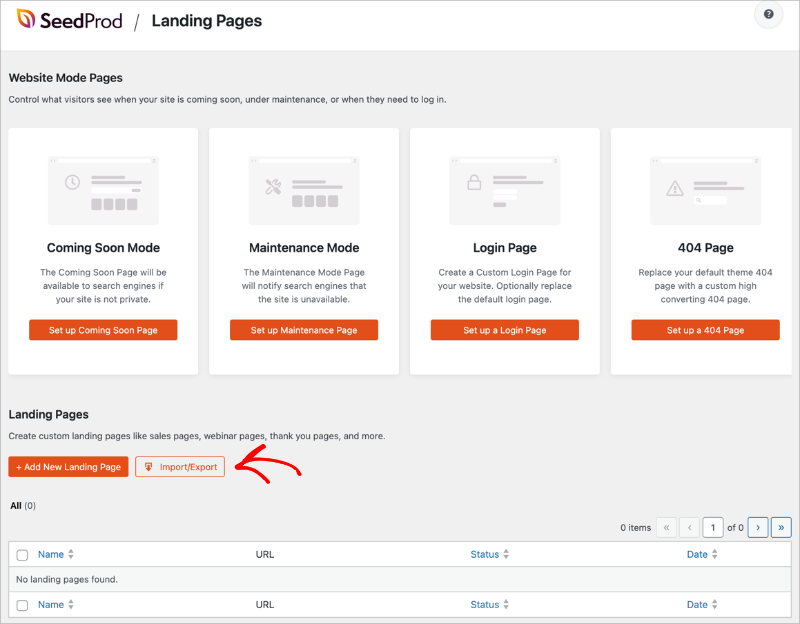 redesigned-landing-pages-dashboard-seedprod - SeedProd Updated Landing Pages dashboard in SeedProd with Import and Export options for reusing and transferring page designs.