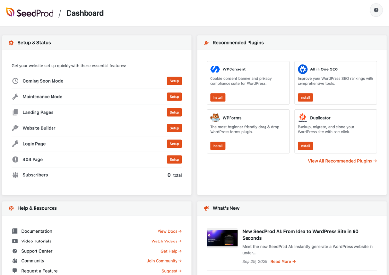 seedprod-dashboard-redesign - SeedProd New SeedProd dashboard showing simplified layout with main panels for setup, landing pages, and website builder.
