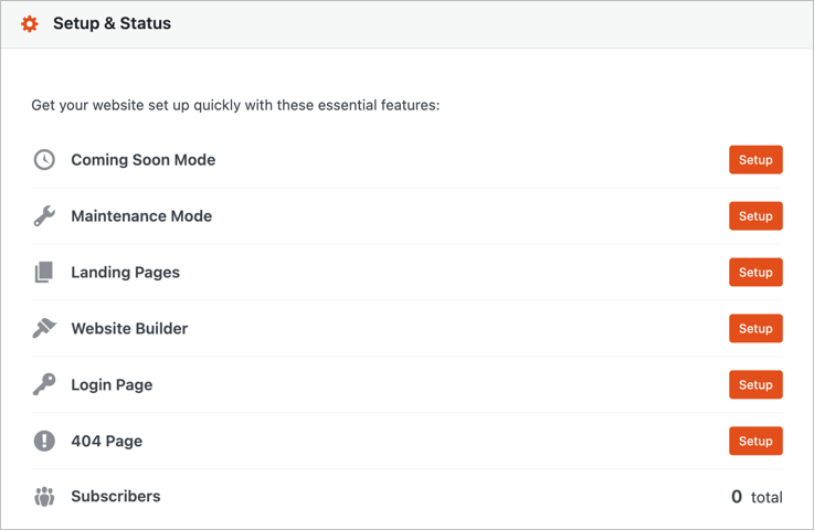 setup-status-panel-seedprod - SeedProd Setup and Status panel in SeedProd showing options to enable Coming Soon Mode, Maintenance Mode, Login, and 404 pages.