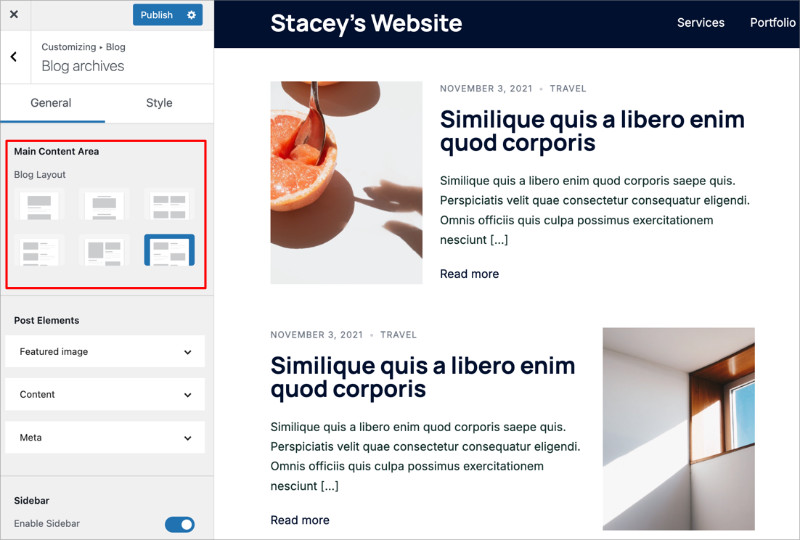 Sydney theme blog post grid layout with featured images and sidebar.