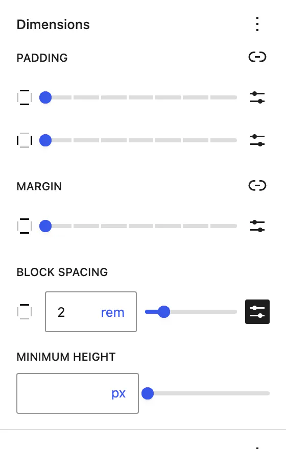 wordpress-block-spacing-setting - SeedProd Dimensions panel with controls for Padding, Margin, Block Spacing, and Minimum Height.