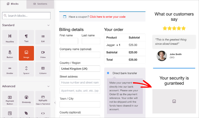 Adding an Image block below the checkout section in the SeedProd builder.
