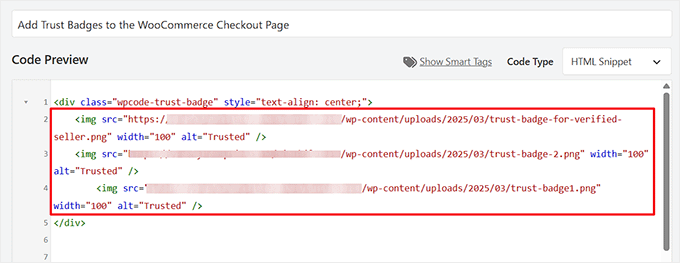 Adding a custom HTML code snippet for trust badges in the WPCode plugin editor.