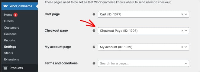 Selecting the new SeedProd checkout page in WooCommerce Advanced Settings.