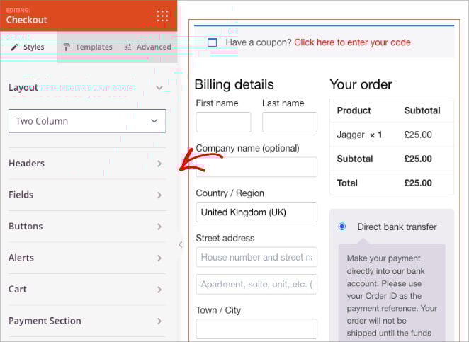 Customizing the WooCommerce Checkout block settings for fonts, buttons, and colors in SeedProd.
