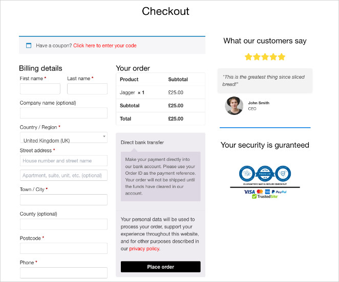 Custom WooCommerce checkout page built with SeedProd showing trust badges below payment section.