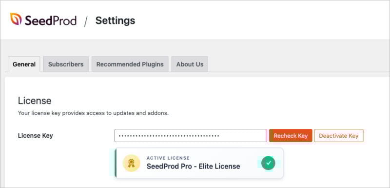Entering the SeedProd license key in WordPress to unlock WooCommerce features.