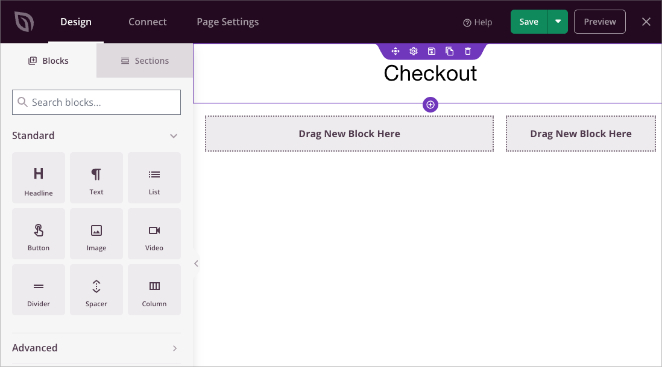 SeedProd page layout with a headline block and two-column section for checkout design