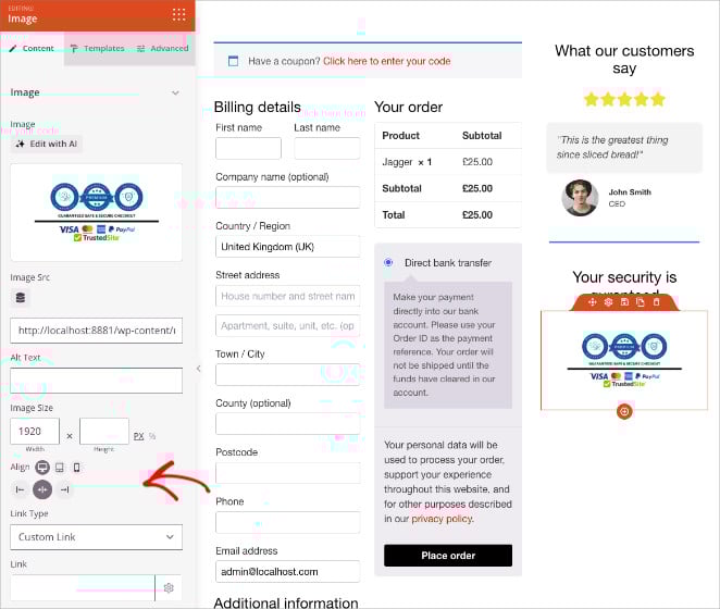 Adjusting alignment, size, and spacing of trust badge images in the SeedProd settings panel.