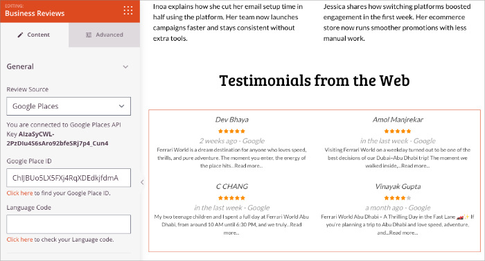 SeedProd Business Reviews block showing imported Google and Yelp reviews.