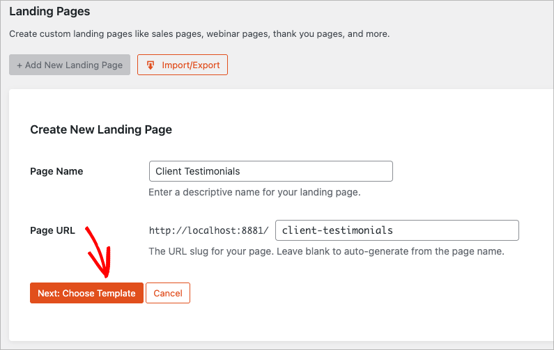 Form for naming a new landing page and setting the URL in SeedProd.