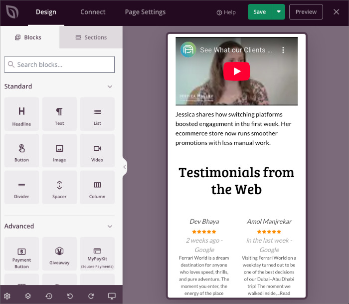 Mobile preview of a testimonial page layout inside SeedProd.