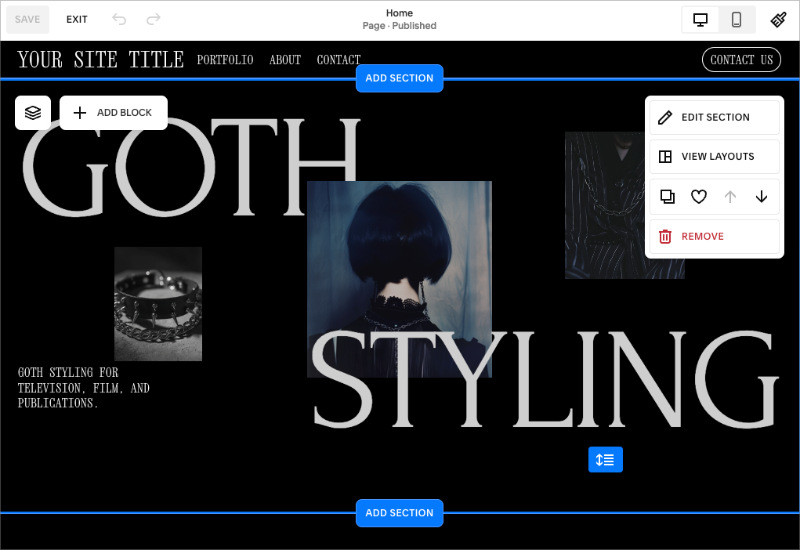 Squarespace website editor showing a modern template layout for a creative service portfolio