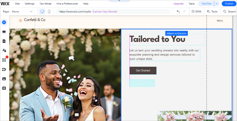 Wix drag-and-drop editor showing freeform page layout editing for a service business site
