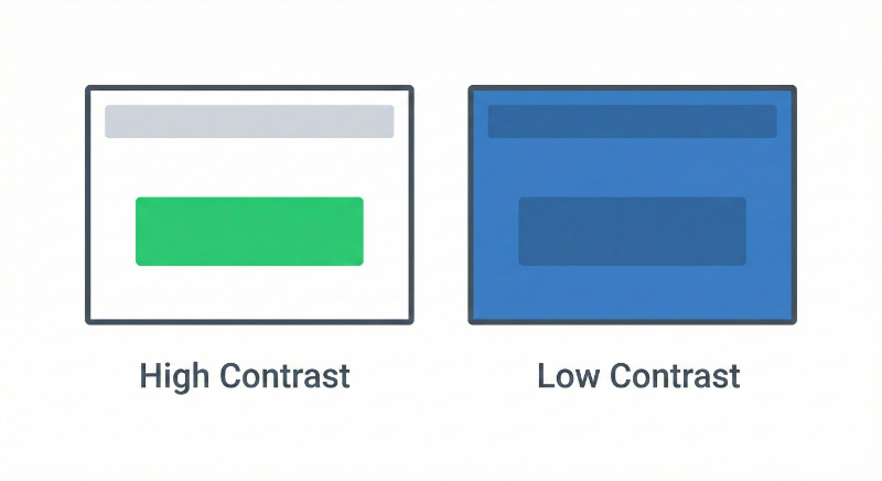 high-contrast-vs-low-contrast-cta-button-conversion - SeedProd High contrast versus low contrast button comparison showing bright green button on white background outperforming blue button on blue background.
