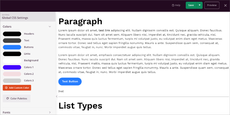 seedprod-global-css-color-settings-interface - SeedProd SeedProd Global CSS Settings interface showing color customization options for headers, text, buttons, links, and background colors.