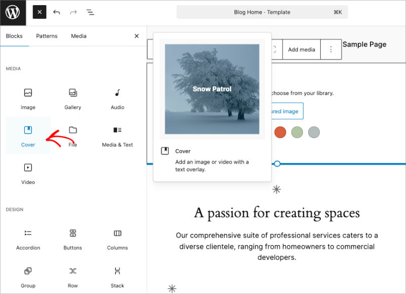 WordPress block editor showing Cover block search results in block inserter menu
