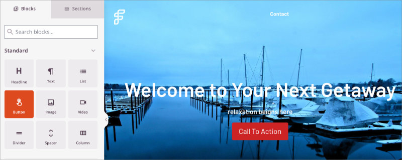 Dragging button block from SeedProd blocks sidebar onto hero section
