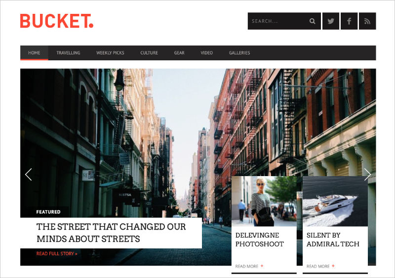Bucket theme editorial layout for magazine WordPress themes with large featured images and typography