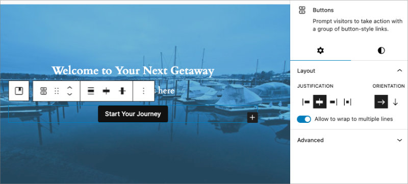 Adding button block to WordPress Cover block hero section with slash command
