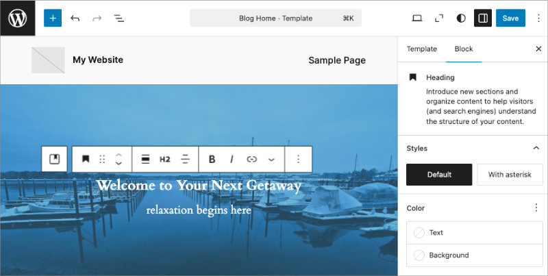 Editing headline text inside WordPress Cover block with formatting toolbar visible