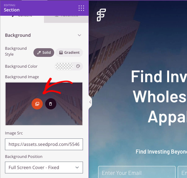 SeedProd background settings panel with image upload option for hero section