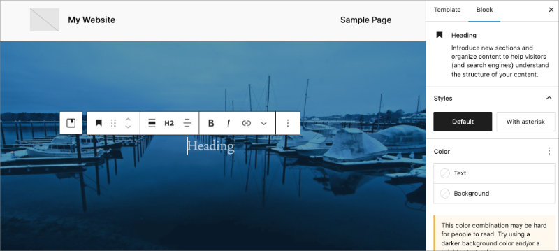 WordPress Cover block with upload button to add hero image background and section to add text
